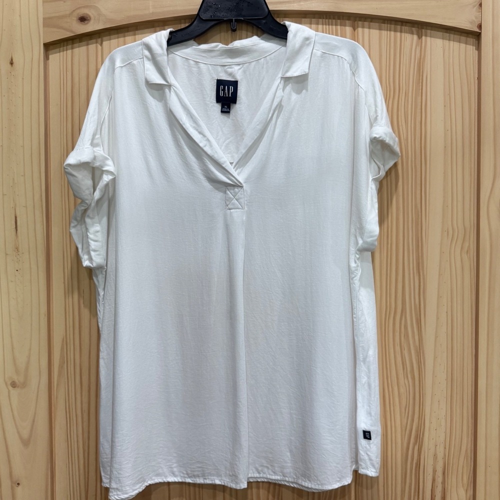 GAP Women White Short Sleeve V-Neck Blouse Oversized Collared Top XL